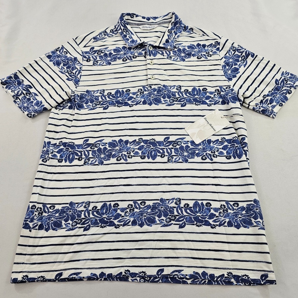 Tommy Bahama polo shirt mens L Large white blue 3 button cotton 40" striped slim